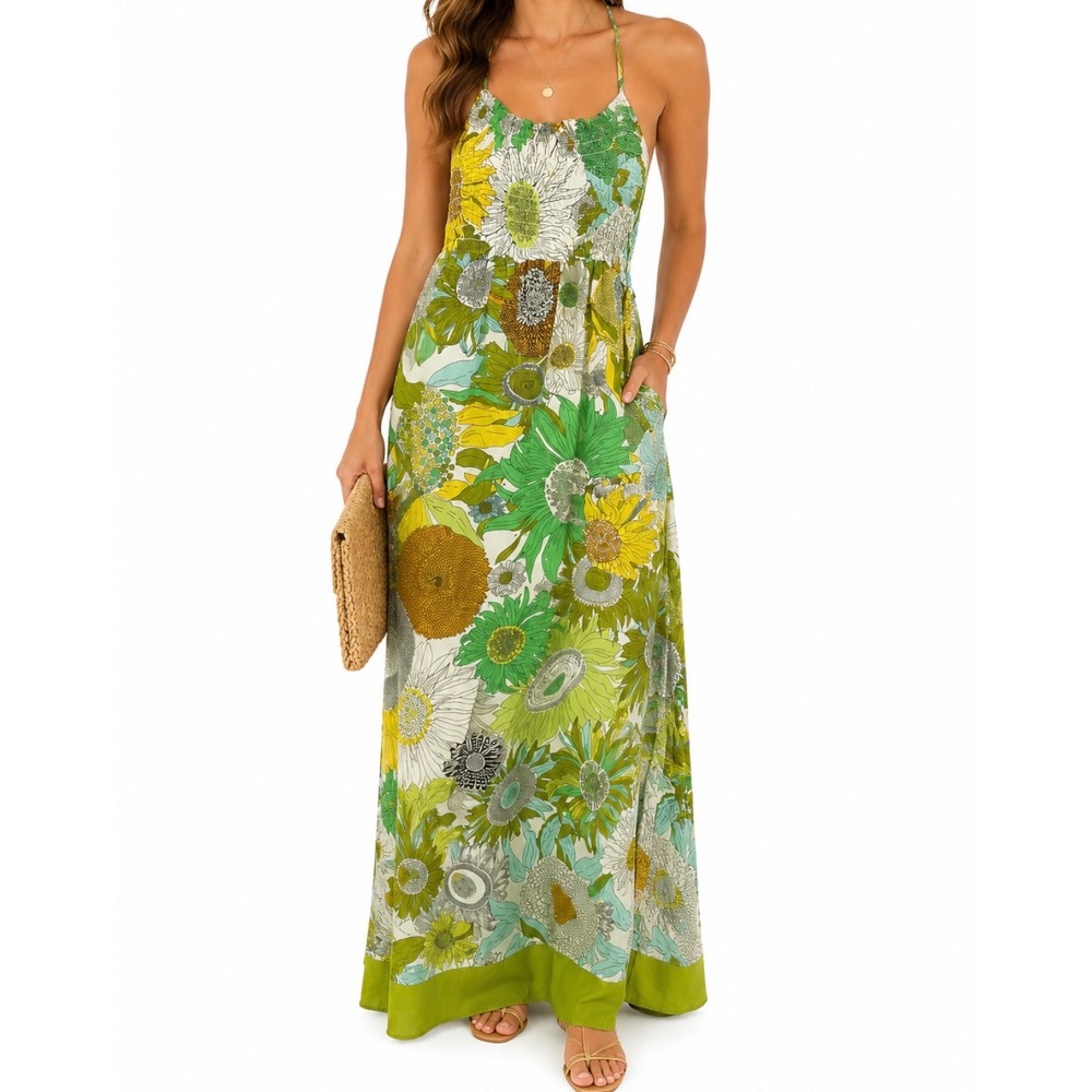 Liberty of London Maxi Dress Womens XL Green Floral Halter Smocked Boho Summer